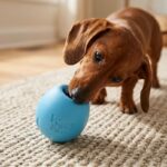 Tacskó szimatolja a West Paw Rumbl jutalomfalattal tölthető játékot