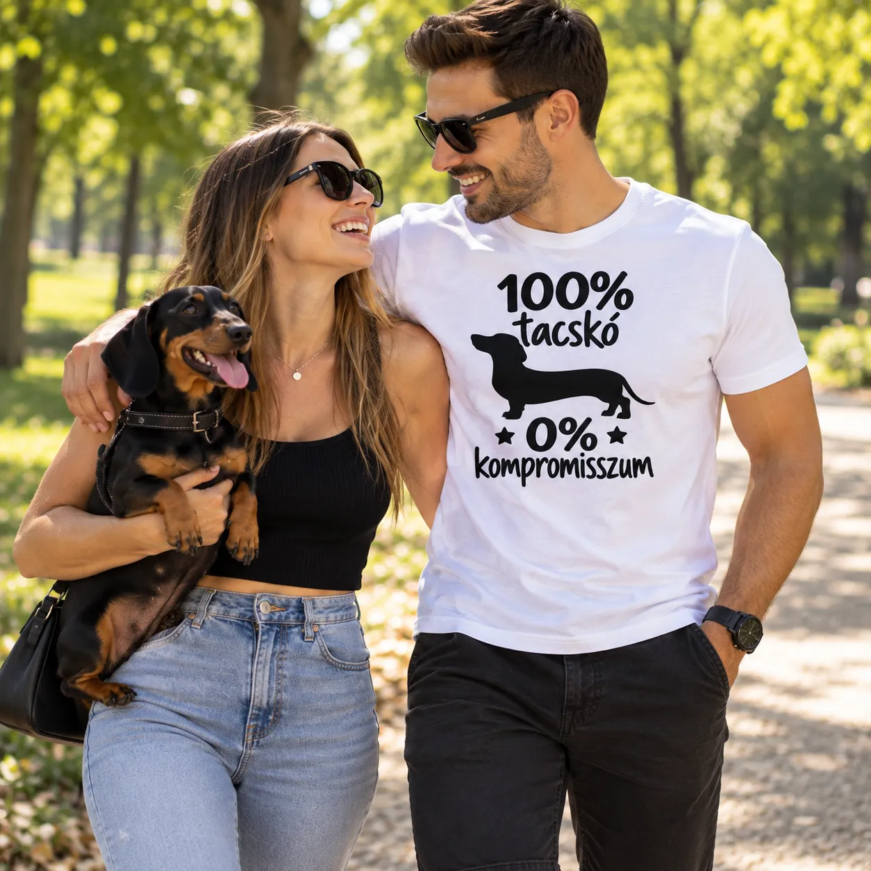 100% Tacskó, 0% Kompromisszum – Vicces tacskós póló a parkban 100% Tacskó, 0% Kompromisszum – Vicces tacskós pólóban a parkban